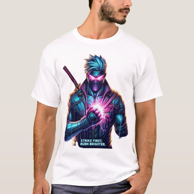 Strike First. Burn Brighter." Cyberpunk Anime Figh T-Shirt (Front)