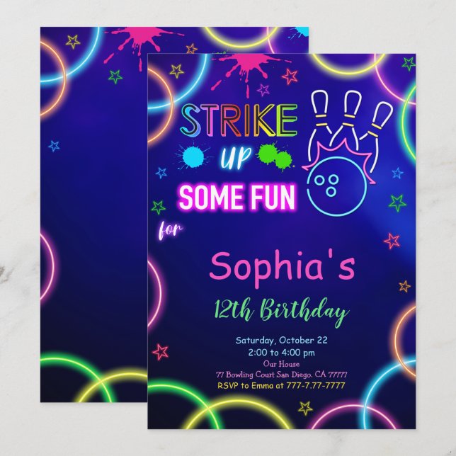 STRIKE UP Bowling Birthday Invitation (Front/Back)
