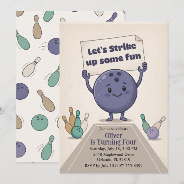 Strike Up Some Fun Bowling Party Boy 4th Birthday Invitation (Front/Back)