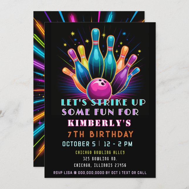Strike Up Some Fun Neon Glow Bowling Birthday Invitation (Front/Back)