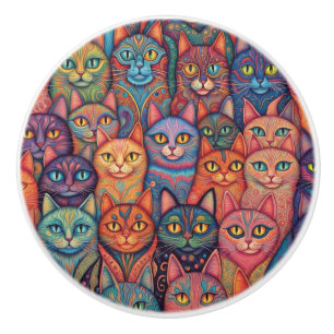 Striking and colorful Psychedelic Cats Ceramic Knob