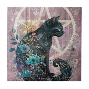 Striking Black Cat Jewel-Toned Pentacle Flowers Tile