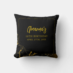 Striking Black & Gold Marble Sweet 16 Birthday Cushion