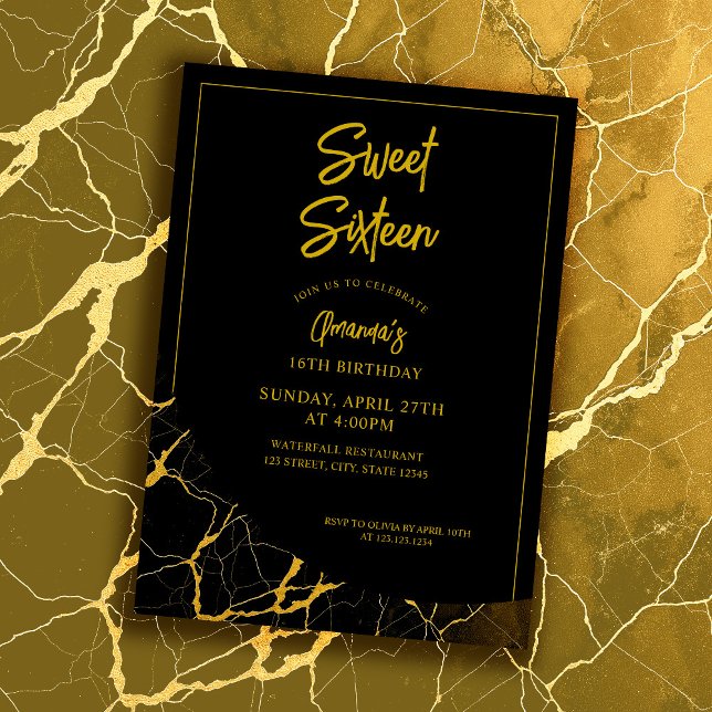 Striking Black & Gold Marble Sweet 16 Birthday Invitation (Creator Uploaded)