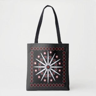 Striking black red grey and white patterned tote bag