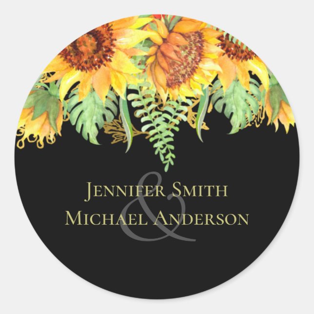 Striking Black with Sunflowers Wedding Budget Classic Round Sticker (Front)