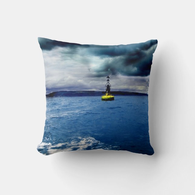 Striking Buoy Amongst Crashing Waves with Clouds Cushion (Front)