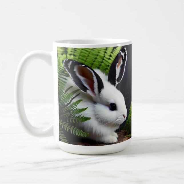Striking Contrast: The White Bunny with Black Ears Coffee Mug (Left)