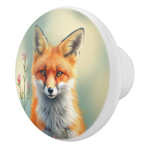 Striking Eyes of a Cunning Red Fox Ceramic Knob