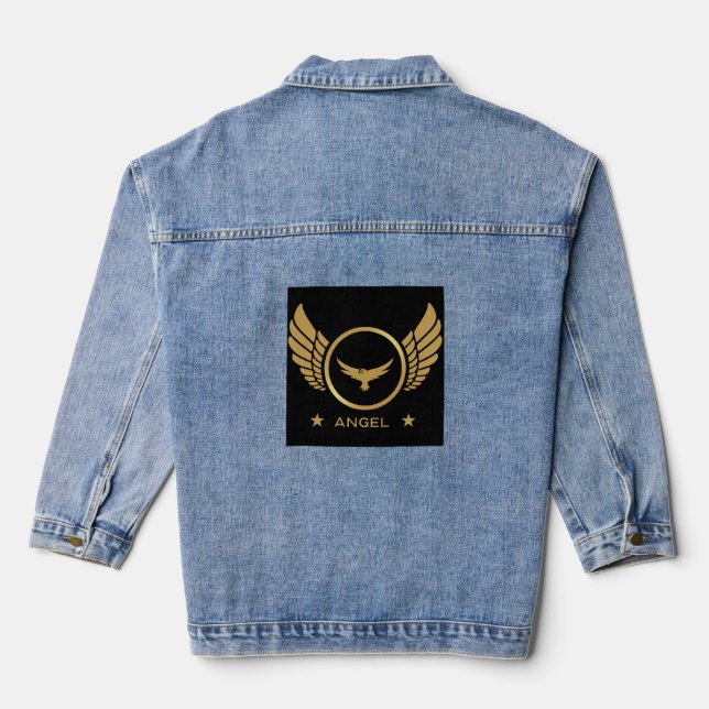Striking Gold Eagle with Wings Angel Text Women's Denim Jacket (Back)
