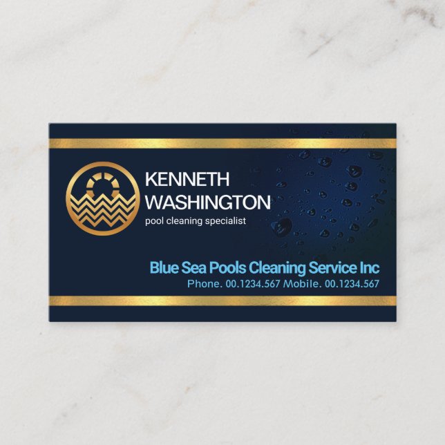 Striking Gold Lines Blue Water Drops Swimming Pool Business Card (Front)