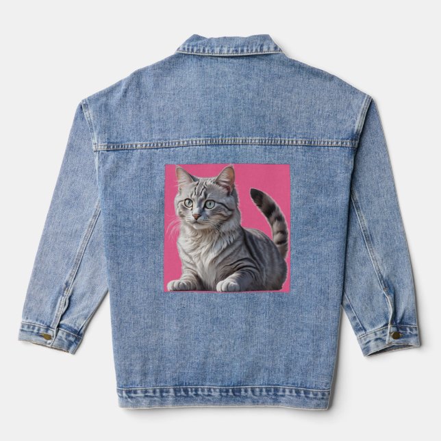 Striking Gray Tabby Cat with Green Eyes Denim Jacket (Back)