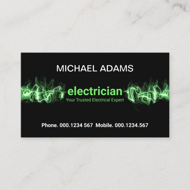 Striking Green Electric Lightning Wave Electrician Business Card (Front)