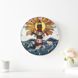 Striking Lighthouse Sun Ocean Waves Large Clock