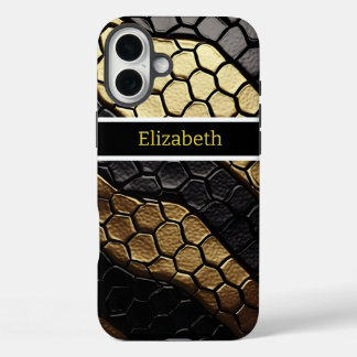 Striking patterns of a black and gold snake skin iPhone 16 plus case