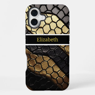 Striking patterns of a black and gold snake skin iPhone 16 plus case