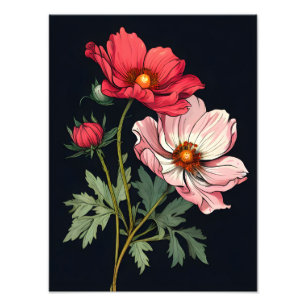 Striking Pink and Red Flowers on Black Photo Print