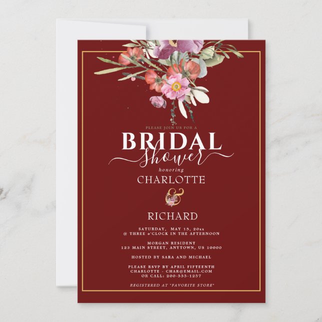 Striking Pink Floral Gold Ampersand Bridal Shower  Invitation (Front)