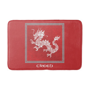 Striking Red and White Dragon Bath Mat