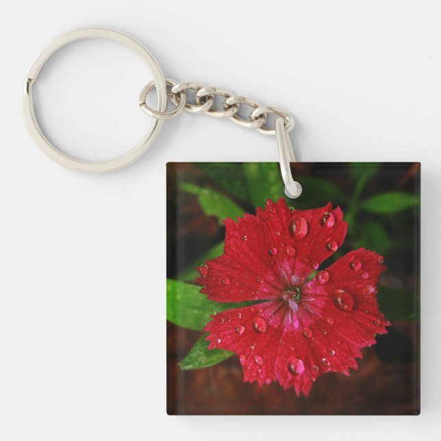 Striking Red Dianthus Flower With Raindrops Photo Key Ring (Front)
