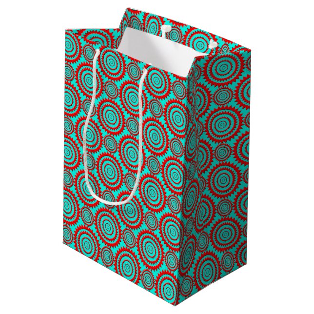 Striking Red over Teal Geometric Pattern Medium Gift Bag (Back Angled)