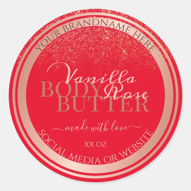 Striking Red Product Packaging Labels Rose Gold (Front)