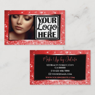 Striking Red Sparkle Glitter Glam Photo and Logo Business Card