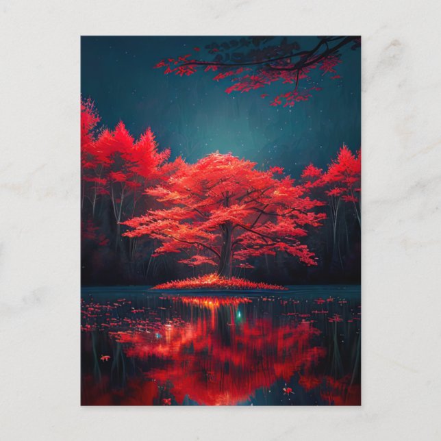 Striking Red Tree in the Nighttime Lake Postcard (Front)