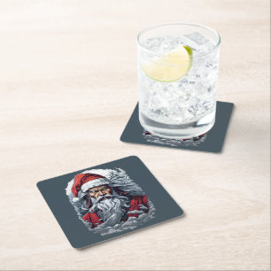 Striking Samurai Santa Claus Square Paper Coaster
