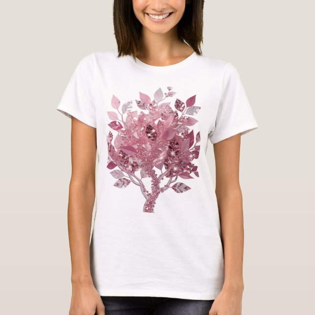 Striking Silver PINK LEAF TREE Text Design T-Shirt (Front)