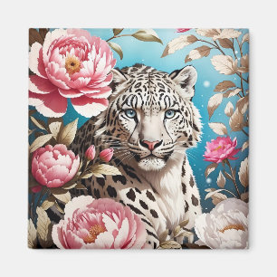 Striking Snow Leopard Gaze And Pink Peonies Magnet