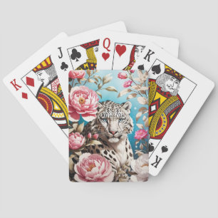 Striking Snow Leopard Gaze And Pink Peonies Playing Cards