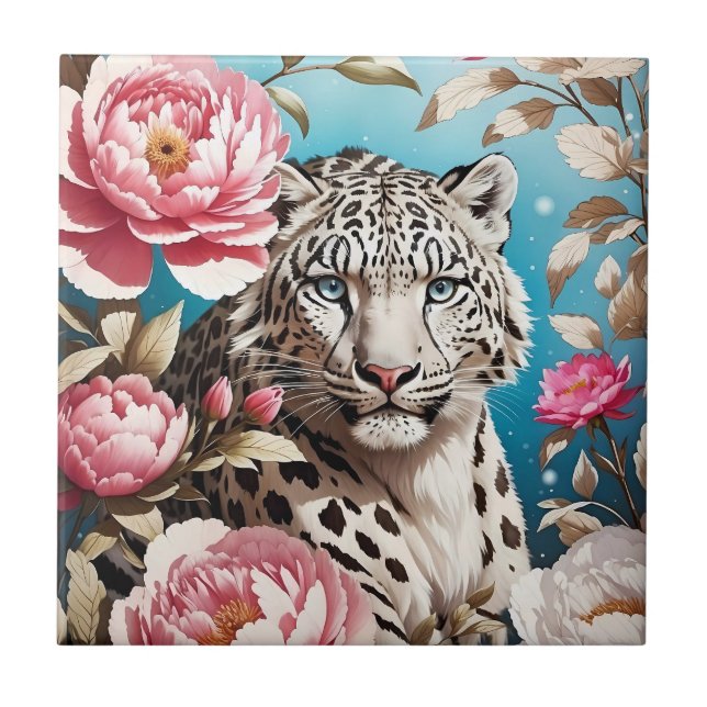 Striking Snow Leopard Gaze And Pink Peonies Tile (Front)