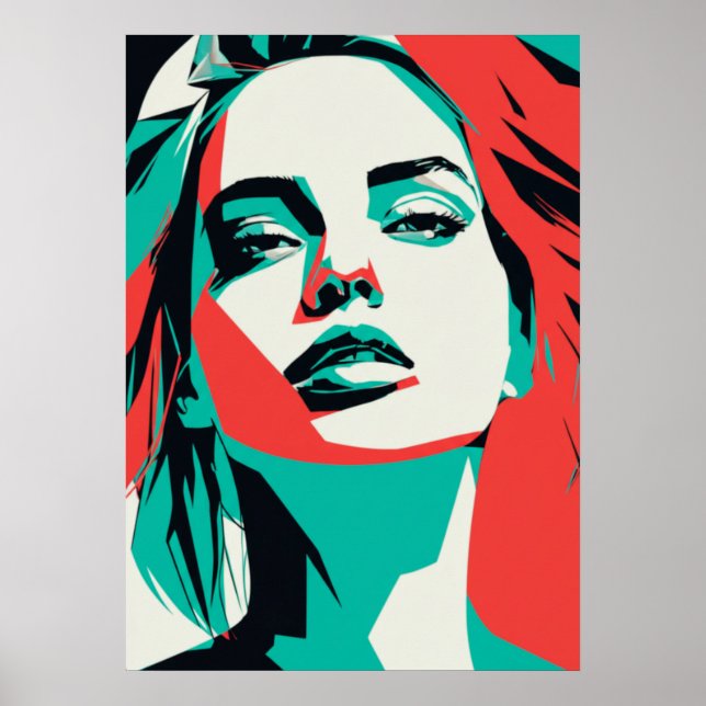Striking Teal & Red Woman Portrait - Modern Graphi Poster (Front)