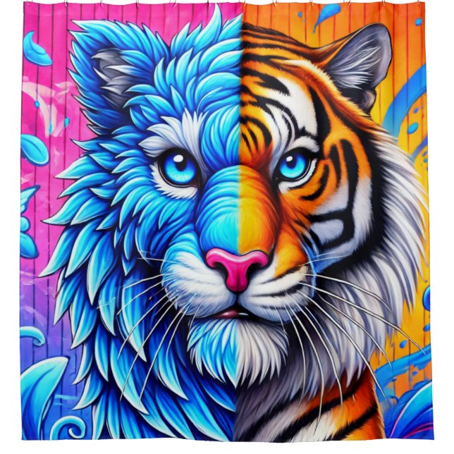 Striking Tiger Wolf Fusion Shower Curtain (Front)