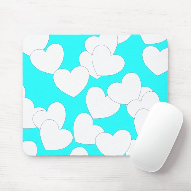 Striking Turquoise Mousepad With Big White Hearts (With Mouse)