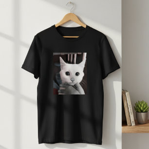 Striking White Cat with Big Eyes Men's Black T-Shirt