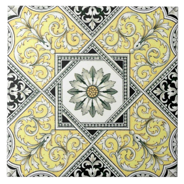 Striking Yellow Black Gray Repro Transferware Tile (Front)