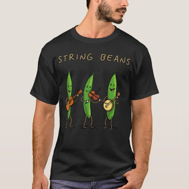 String Beans Funny Vegetable Music Pun Cartoon Ban T-Shirt (Front)
