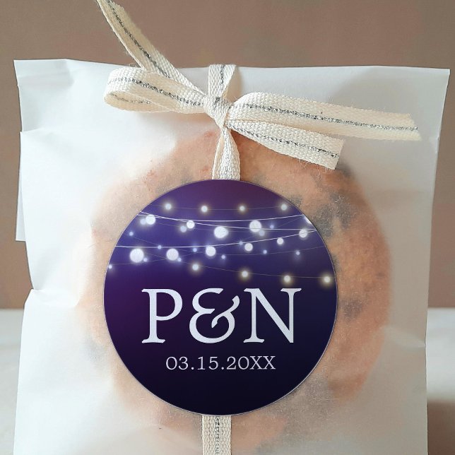 String Light Evening Wedding Monograms Classic Round Sticker (Creator Uploaded)