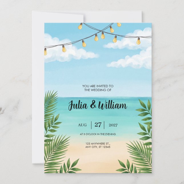String Light Palm Beach Ocean Wedding Invitation (Front)
