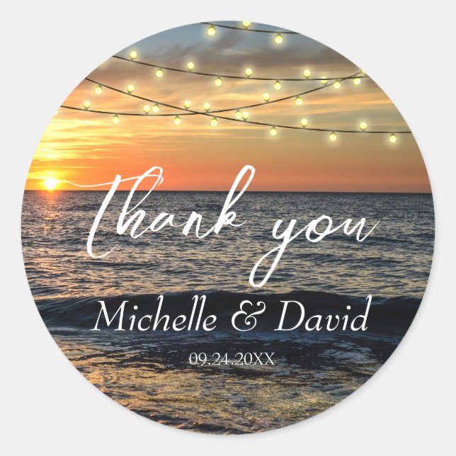 String Light Sunset Beach Wedding Classic Round Sticker (Front)