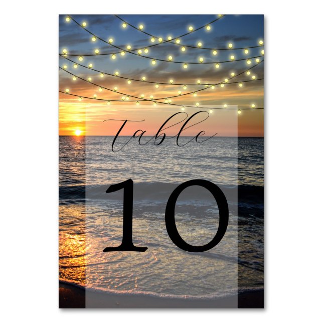 String Light Sunset Beach Wedding Table Number (Front)