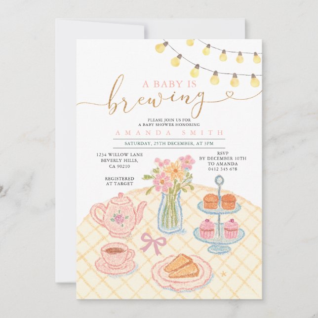 String Light Tea Party baby is brewing Invitation (Front)