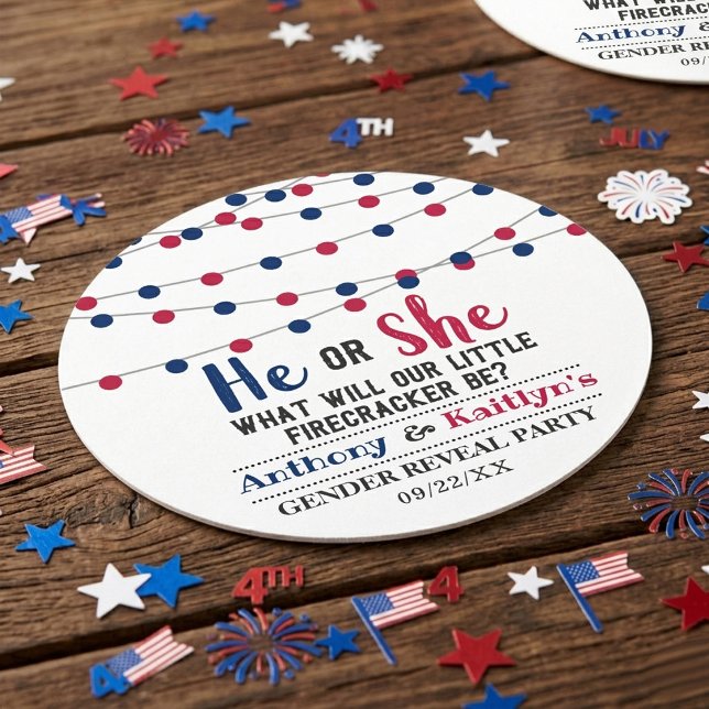 String Lights 4th Of July Gender Reveal Party Round Paper Coaster (Creator Uploaded)