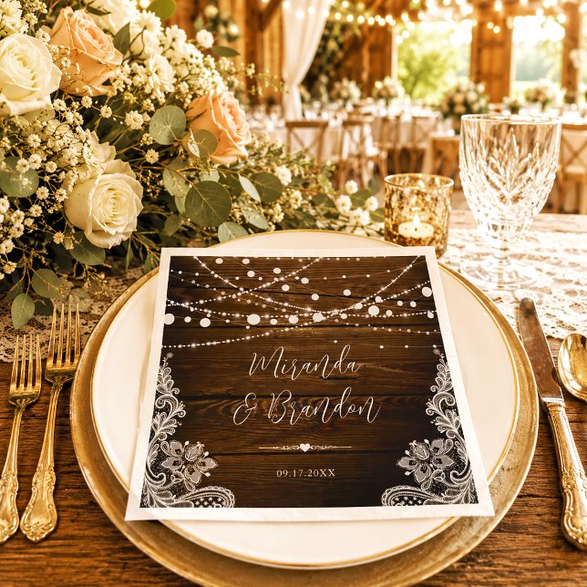 String Lights and Lace Rustic Wood Wedding Napkin (Creator Uploaded)