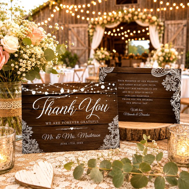 String Lights and Lace Rustic Wood Wedding Thank You Card (Creator Uploaded)
