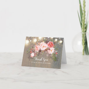 String Lights and Pink Flowers Rustic Thank You Card