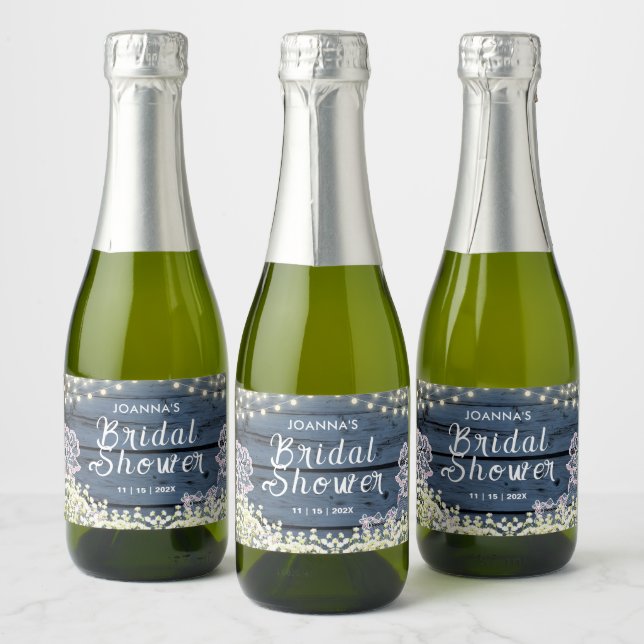 String Lights Baby's Breath & Lace | Blue Wood Sparkling Wine Label (Bottles)