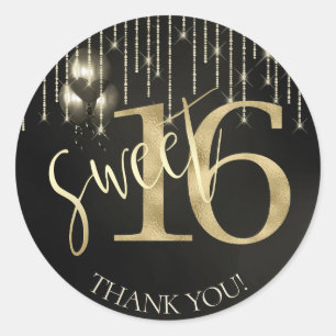 String Lights & Balloons Sweet 16 Black/Gold ID473 Classic Round Sticker
